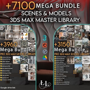 Puede incluir: Gráfico promocional para una biblioteca 3DS Max, con el texto "+7100 MEGA BUNDLE" y "3DS MAX MASTER LIBRARY". La imagen se divide en secciones que muestran modelos y escenas, con logotipos de software y un enlace de Google Drive.