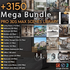 Könnte beinhalten: Werbebild für eine 3D-Max-Szenenbibliothek mit einer Sammlung von Innen- und Außendesignszenen. Das Bild enthält den Text "+3150 Mega Bundle PRO 3DS MAX SCENES LIBRARY" und listet verschiedene Szenenkategorien wie Wohnzimmer, Schlafzimmer und Küche auf.