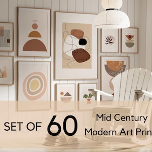 Mid Century Modern Art Prints Set of 60, Neutral Beige Modern Wall Art , Geometric Dorm Wall Art , Boho Art Prints , Printable Home Decor