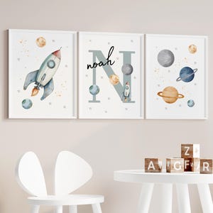 Space Nursery Prints, Outer Space Printable Wall Art Set of 3 for Nursery Decor, space suit,space travel, Solar system and custom name print