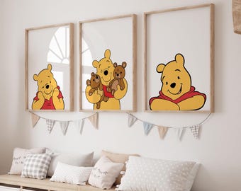 Set di 3 stampe artistiche da parete classiche di Winnie the Pooh, decorazioni murali di Winnie the Pooh per la cameretta dei bambini, decorazioni per la cameretta dei bambini
