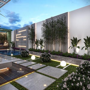 Könnte beinhalten: Moderner Garten mit Pool, Terrasse und Landschaftsgestaltung. Die Szene zeigt ein Wasserspiel, Bambus und dekorative Beleuchtung. Das Farbschema ist Grau und Weiß, mit quadratischen Pflastersteinen und gepflegtem Grün, was eine entspannte Atmosphäre schafft.