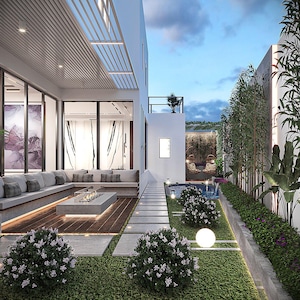 May include: A modern outdoor living space with a white pergola, a fire pit, and a small pool. The space is surrounded by lush greenery and features a comfortable seating area with white cushions.