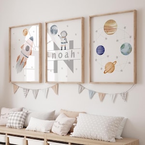 Space Nursery Prints, Outer Space Printable Wall Art Set of 3 for Nursery Decor, space suit,space travel, Solar system and custom name print