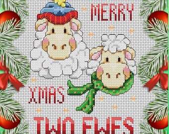 May include: Cross-stitch pattern featuring two white sheep with red and green accents. The sheep are wearing a hat and scarf. The text reads "Merry Xmas Two Ewes" and "Copyright 2004".