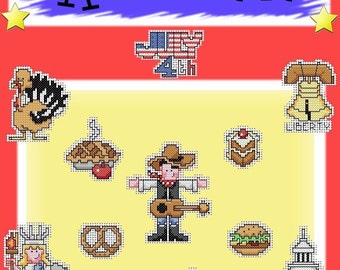 Puede incluir: Un fondo amarillo con una variedad de patrones de punto de cruz de temática estadounidense. Los patrones incluyen un pavo, un pastel, un vaquero, un pretzel, una hamburguesa, la Estatua de la Libertad, una motocicleta, el Capitolio, una Campana de la Libertad y una pancarta del 4 de julio.
