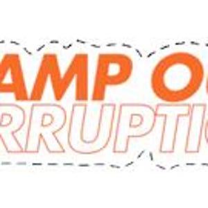 May include: Orange and white text in a speech bubble with a dashed border. The text reads "STAMP OUT CORRUPTION".