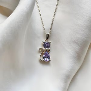 Birthstone Necklace for Women, Birthday month Gift Cat Lover Necklace, Kitten Necklace, Grandma Gift, Sterling Silver Handmade Jewelry