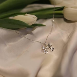 Bow Necklace  Sterling Silver Pendant Necklace Dainty Bow Necklace Bow Necklace Silver Ribbon Necklace Gift for Her