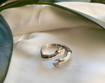 925 Sterling Silber Ring, personalisierte Liebe Umarmung Ring, gravierte Handring, Paar Liebhaber Ring, süßes Geschenk, verstellbarer minimalistischer Umarmungsring