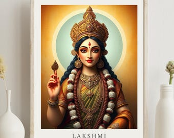 Lakshmi, Hindu Goddess of Wealth, Fertility and Good Fortune - Printable Art, Home Wall Art, High-Res Goddess Art - Digital Download - PNG