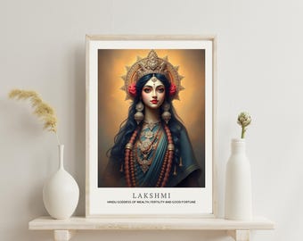 Lakshmi, Hindu Goddess of Wealth, Fertility and Good Fortune - Printable Art, Home Wall Art, High-Res Goddess Art - Digital Download - PNG