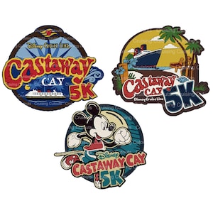 May include: Three colorful round stickers featuring Mickey Mouse and the text "Castaway Cay 5K" with a Disney Cruise Line logo. The stickers are designed with a nautical theme and feature a cruise ship, palm trees, and a blue sky.