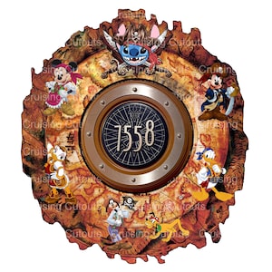 May include: A circular decorative piece featuring Disney characters in pirate attire. Stitch, Mickey Mouse, Minnie Mouse, Donald Duck, Goofy, Pluto, and Chip and Dale are depicted on a map-like background. The number "7558" is in the center.