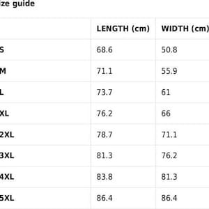 May include: Size guide chart for clothing with measurements in centimeters. The chart shows the length and width of different sizes, from S to 5XL.