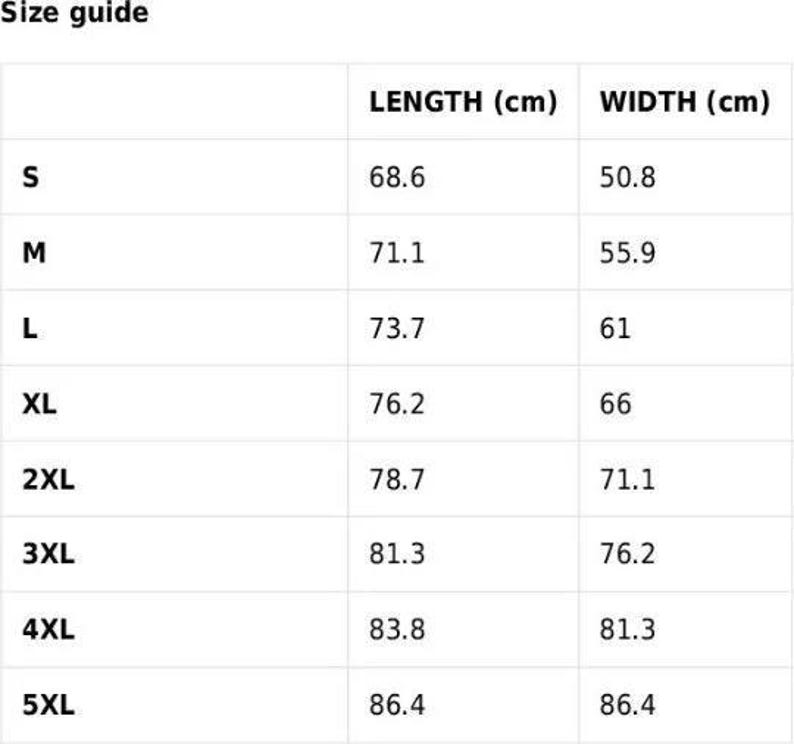 May include: Size guide chart for clothing with measurements in centimeters. The chart shows the length and width of different sizes, from S to 5XL.