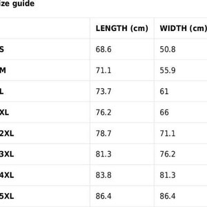 May include: A size guide table with measurements in centimeters for various clothing sizes, from S to 5XL. The table lists length and width measurements for each size, providing detailed sizing information for potential buyers.