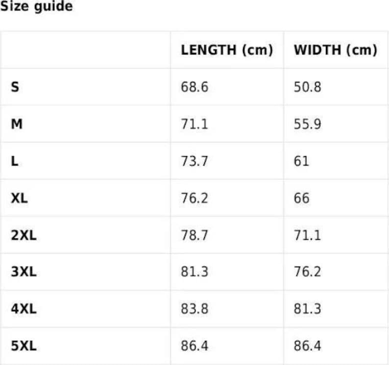 May include: A size guide table with measurements in centimeters for various clothing sizes, from S to 5XL. The table lists length and width measurements for each size, providing detailed sizing information for potential buyers.