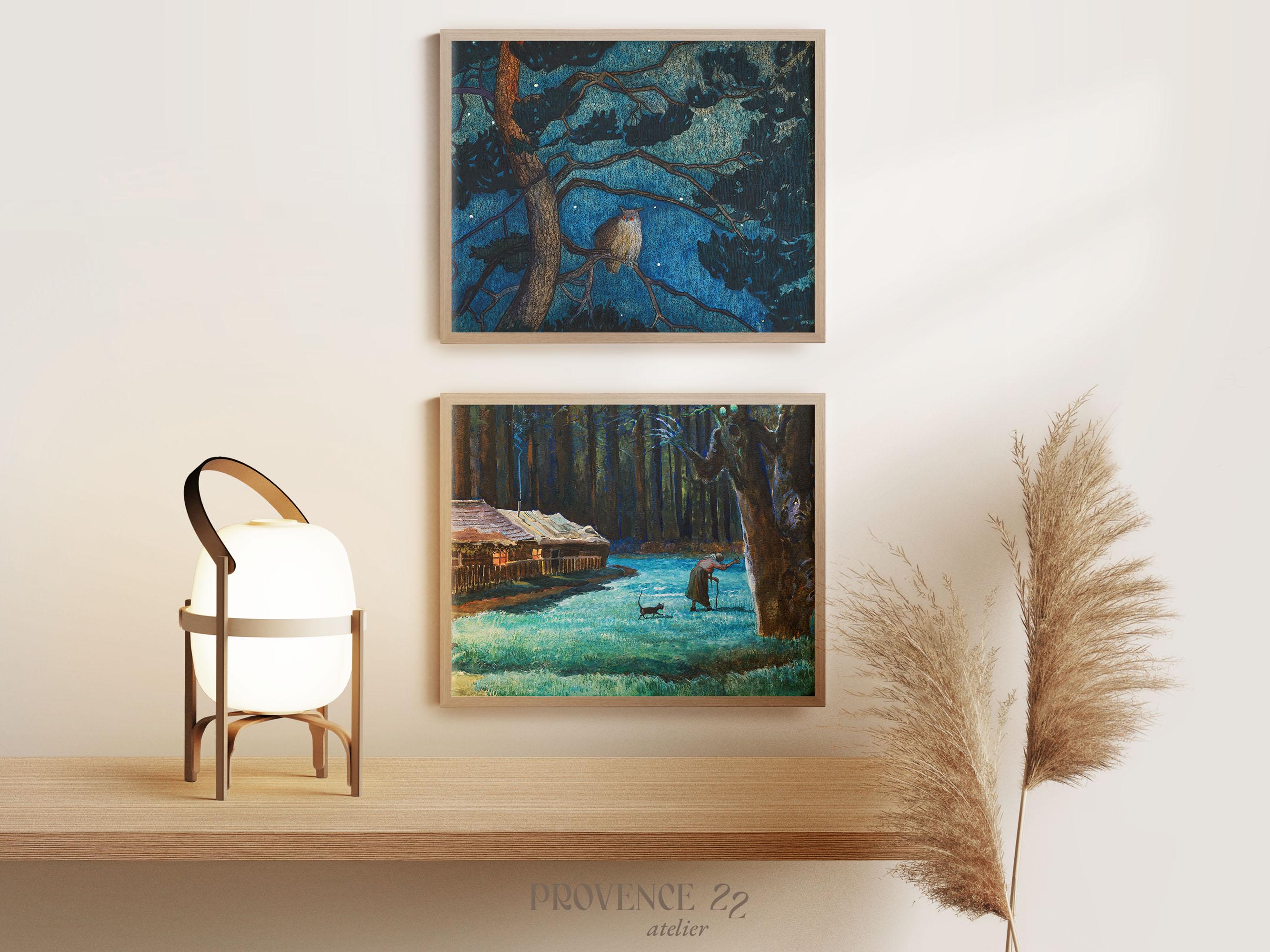 Blue Whimsigoth Gallery Wall Art Prints: Fantasy Owl and Black Cat (Digital Download)