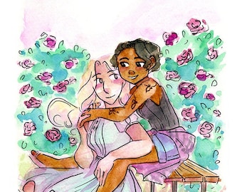 May include: A watercolor painting of two women sitting on a bench in a garden. The woman on the left is wearing a light blue dress and the woman on the right is wearing a black tank top and denim shorts. They are both smiling and looking at each other. The garden is filled with pink roses.