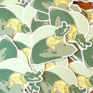 Vinyl Caiman Sticker, Happy Reptile in Sweater, Waterproof Vinyl Decal