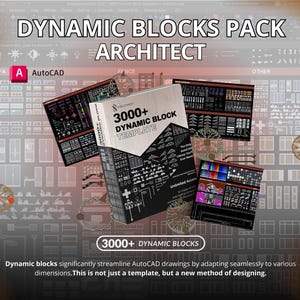 Peut inclure: Image d'un pack de blocs dynamiques pour architectes. La boîte du produit affiche "3000+ Dynamic Block Template" et plusieurs écrans numériques présentent des éléments architecturaux. Le fond comprend des schémas architecturaux et le logo AutoCAD.