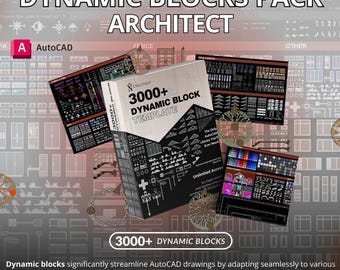 Może przedstawiać: Cyfrowe pudełko produktu z etykietą 3000+ DYNAMIC BLOCK TEMPLATE zawierające symbole architektoniczne i ikony AutoCAD. Tło przedstawia siatkę różnych rysunków technicznych, planów pięter i elementów projektowych w kolorystyce szaro-białej.