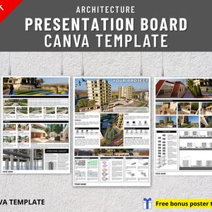 May include: Three architectural presentation board Canva templates hanging against a textured wall. The boards showcase building designs, floor plans, and architectural concepts. Text includes "Architecture," "Presentation Board Canva Template," and size options A3, A2, A1, and A0.