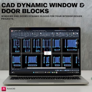 May include: A laptop screen displaying CAD dynamic window and door blocks in AutoCAD software. The screen shows various blue architectural line drawings of windows and doors with control arrows, labeled CAD DYNAMIC WINDOW & DOOR BLOCKS.