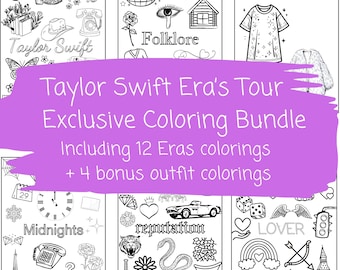 Peut inclure: Un ensemble de livres de coloriage en noir et blanc intitulé "Taylor Swift Era's Tour Exclusive Coloring Bundle". L'ensemble comprend 12 pages à colorier d'époques et 4 pages à colorier de tenues en bonus. Les pages présentent des illustrations de divers thèmes, dont "Folklore" et "Midnights".