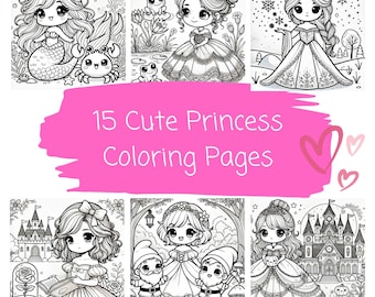 Kawaii Princess Coloring Pages | 15 Cute Princess Bundle Coloring Pages | Adult coloring Kids Coloring Book Instant Download PDF Colouring