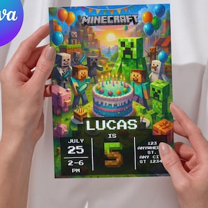 Minecraft Birthday Invitation Template, Gamer Party Card, Editable Canva, Pixel Block Game Theme, Printable Kids Invite, Instant Download