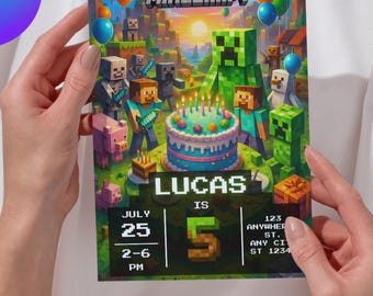 Minecraft Birthday Invitation Template, Gamer Party Card, Editable Canva, Pixel Block Game Theme, Printable Kids Invite, Instant Download