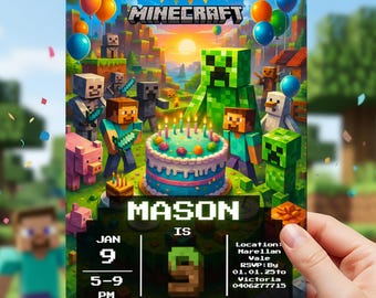 Modello di invito di compleanno di Minecraft, biglietto per festa di Gamer, Canva modificabile, tema del gioco Pixel Block, invito stampabile per bambini, download immediato