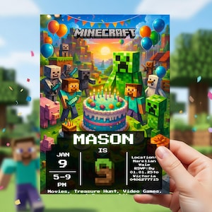 Mall för Minecraft-födelsedagsinbjudan, spelfestkort, redigerbar canvas, pixelblocksspeltema, utskrivbar barninbjudan, direktnedladdning