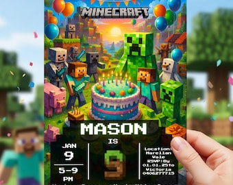 Minecraft Birthday Invitation Template, Gamer Party Card, Editable Canva, Pixel Block Game Theme, Printable Kids Invite, Instant Download