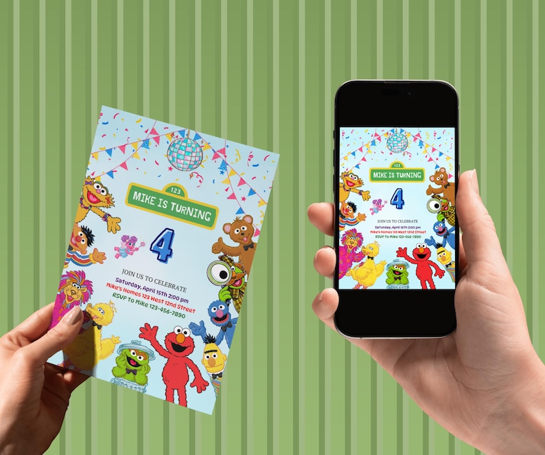 Sesame Street Birthday Invitation, Kids Cartoon Party Invite, Editable Canva Template image 2