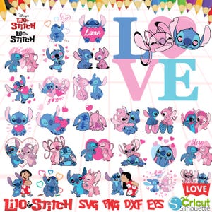 Paquete de imágenes prediseñadas de Lilo y Stitch, adorables diseños de amor, sublimación de Lilo PNG, diseño de camiseta, SVG romántico para Cricut y Silhouette