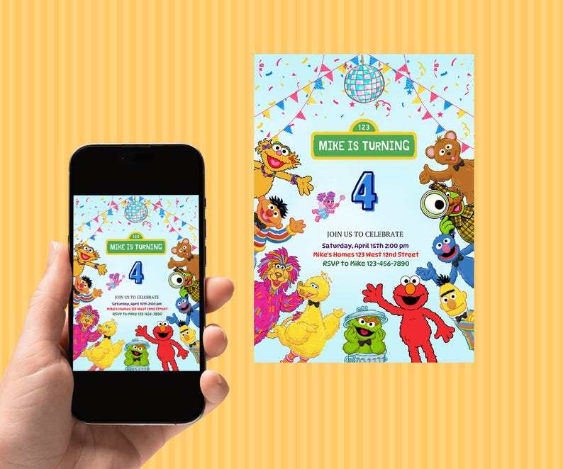 Sesame Street Birthday Invitation, Kids Cartoon Party Invite, Editable Canva Template image 8