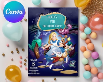 Alice i Underlandet födelsedagsinbjudan, tebjudning Canva-mall (digital nedladdning)