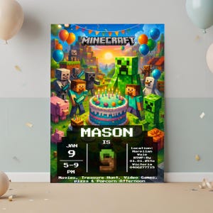 May include: A colorful Minecraft-themed birthday party invitation. The design features Minecraft characters, a birthday cake with candles, and balloons. The invitation includes the name "MASON", date, time, and event details.