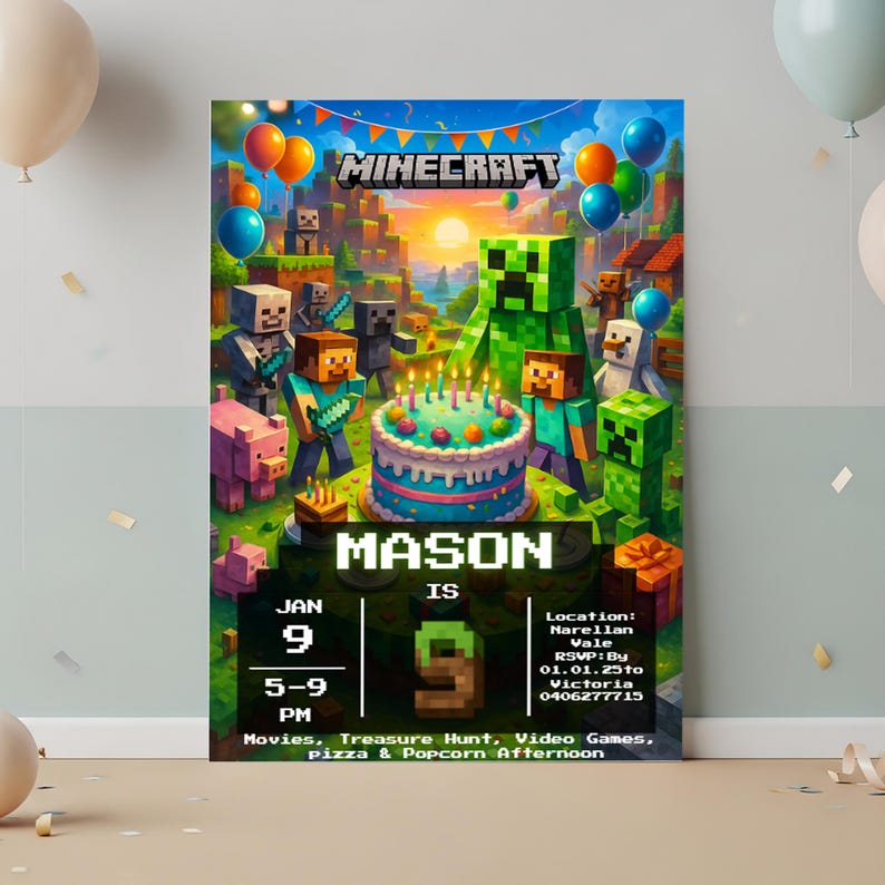 May include: A colorful Minecraft-themed birthday party invitation. The design features Minecraft characters, a birthday cake with candles, and balloons. The invitation includes the name "MASON", date, time, and event details.