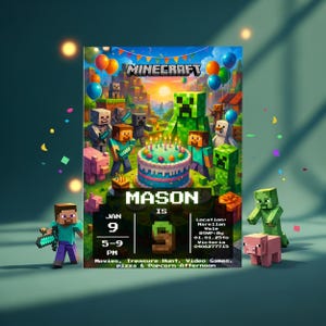 May include: A Minecraft-themed birthday invitation featuring pixelated characters, a birthday cake, and balloons. The invitation includes the name "MASON", the date "JAN 9", and event details. The background depicts a Minecraft landscape.