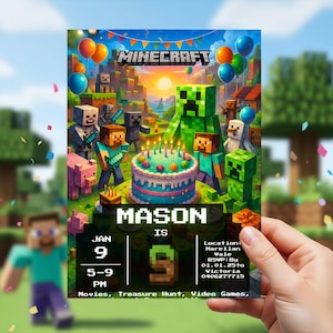 May include: A Minecraft-themed birthday party invitation featuring a vibrant scene with characters, a cake, and balloons. The invitation includes the name "MASON", date, time, and location details. The background shows a Minecraft landscape.