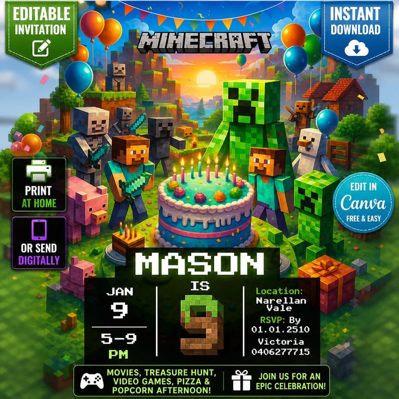 Editable Minecraft birthday invitation template for kids, pixel block gamer party invite, Canva editable design, printable and digital download, green gaming theme birthday card