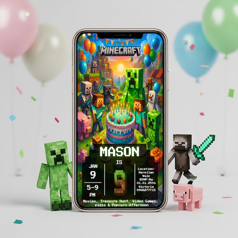 May include: A smartphone displays a Minecraft-themed birthday invitation with the name "Mason" and event details. The image features pixelated characters, a cake, and balloons. Green Creeper and other Minecraft figures are placed around the phone.