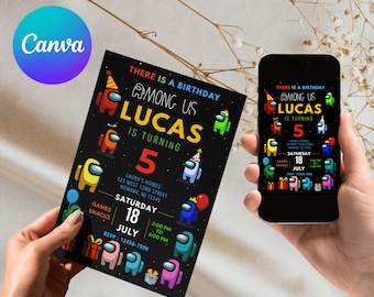 Editable Among Us Birthday Invitation, Kids Space Game Party Invite, Canva Template, Printable PDF