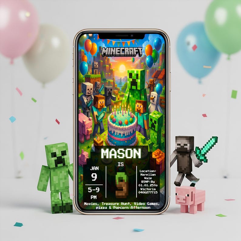 May include: A smartphone displays a Minecraft-themed birthday invitation with the name "Mason" and event details. The image features pixelated characters, a cake, and balloons. Minecraft figurines and balloons surround the phone.