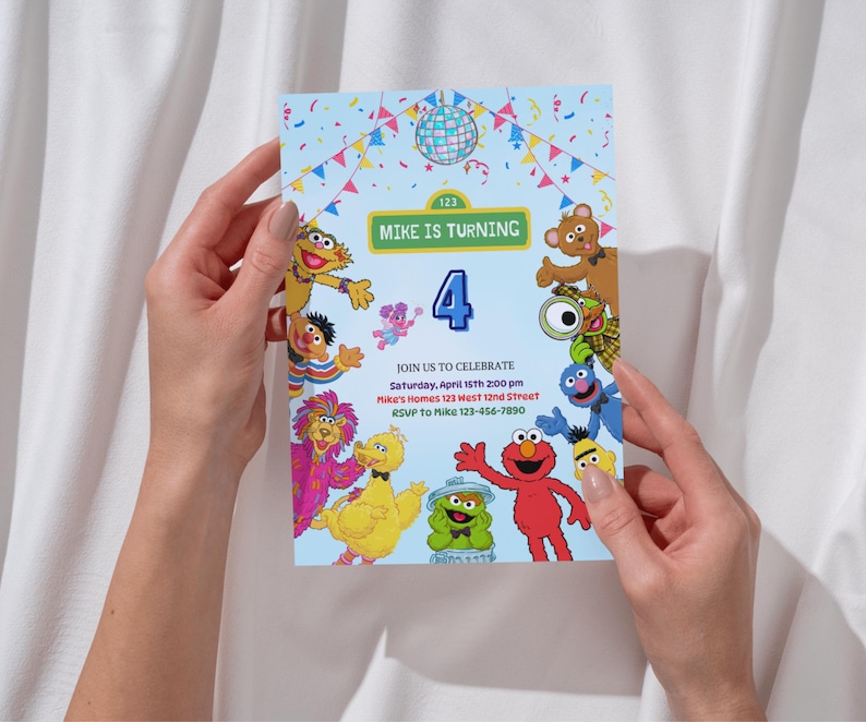 Sesame Street Birthday Invitation, Kids Cartoon Party Invite, Editable Canva Template image 5