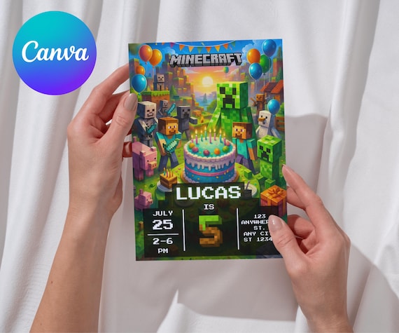 Minecraft Birthday Invitation Template, Gamer Party Card, Editable Canva, Pixel Block Game Theme, Printable Kids Invite, Instant Download